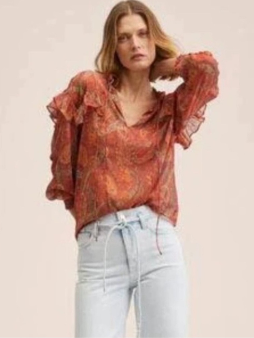 Mango Orange Paisley Print Blouse Peasant Bohemian